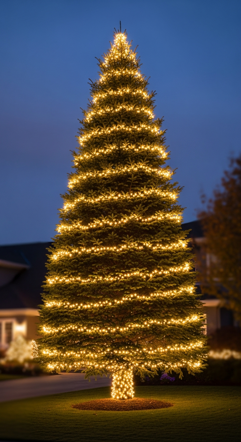 Professional tree wrapping with Christmas lights
